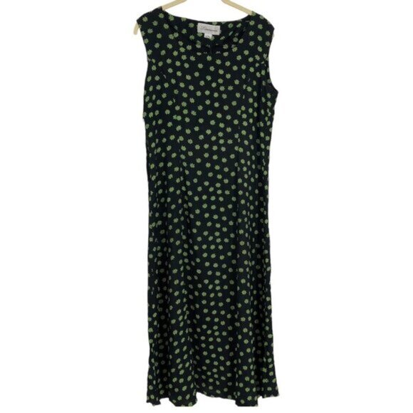Dresses & Skirts - Vintage Limouran Black & Green Floral Boat Neck Sleeveless Shift Dress Pockets L